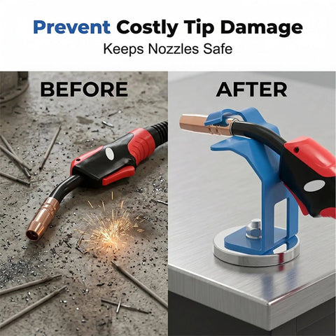 Handy Heavy Duty Magnetic Torch Holder With Strong Base For Welding Station No Reach Bracket To Keep Your Mig Tool Secure And Steady On Any Steel Surface, showcasing before-and-after images.