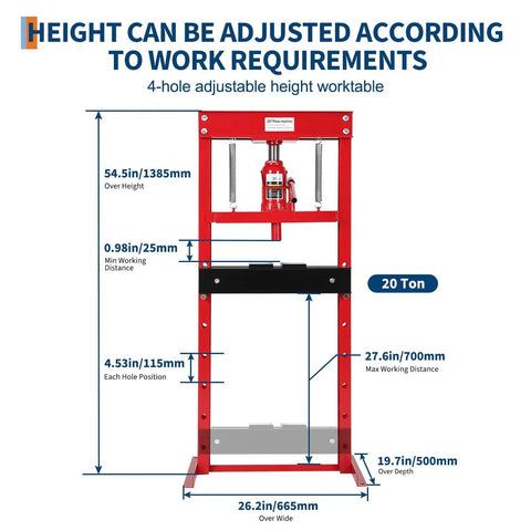 20 Ton H Frame Benchtop Hydraulic Shop Press for Metalworking Pneumatic Compatible Red Finish Built Tough for Bending and Straightening Stamping and Repairs for the DIYer in Your Home Shop, front view with height and width measurements