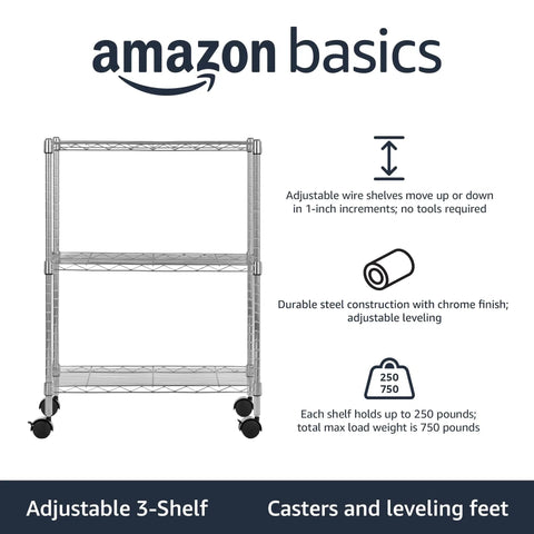 Rock Solid Heavy Duty Chrome Steel Wire Shelving Rack With Smooth Ball Bearing Casters And Adjustable Height Settings For Garage Gear Storage Or Laundry Room Organization Setup with three adjustable shelves.