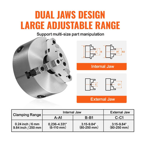 Diagram showing the Three Jaw Self Centering Lathe Chuck 10 Inch With 0.24 To 9.84 In Clamping Range, highlighting dual jaws design.