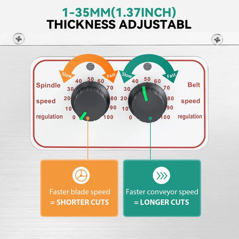 Control panel showing thickness adjustment for Commercial Electric Vegetable Slicer Featuring Automatic Conveyor Belt Cutting Tray For Green Beans Scallions And Soft Fruits 200 Watt 110 Volt.