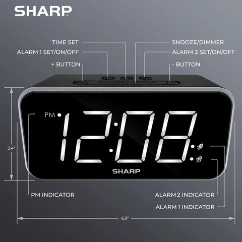 Straight Up Killer Digital Alarm Clock With Giant White Led Display showing controls and PM indicator, 6.9" x 3.4" size.