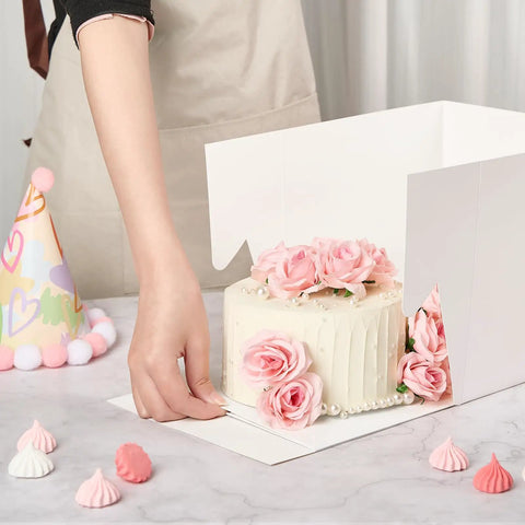 Top Tier 8 X 8 X 8 Inch Cake Boxes 4 Pack Featuring Clear Window used for placing a decorated cake with flowers.