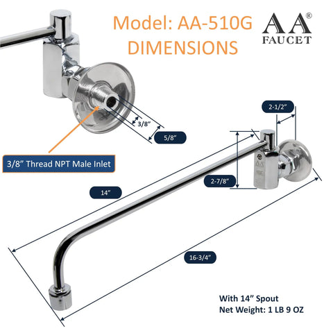 Center On Automatic Wok Range Faucet With Fourteen Inch Spout, Three Eighth Inch NPT Inlet, Wall Mount, chrome finish dimensions.