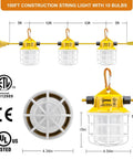 100 Foot LED Construction String Light Set With Ten 15W Lamps, 15000 Lumens Total, 360 Degree Beast Brightness, Outdoor IP65