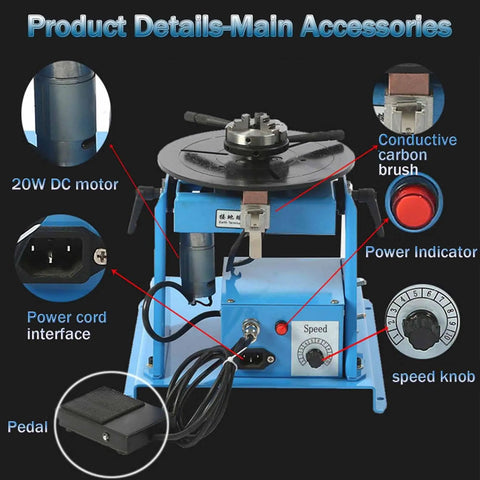 Rock Solid Portable Welding Positioner Turntable With Stepless Speed Control detailed view showing 20W DC motor and speed knob.