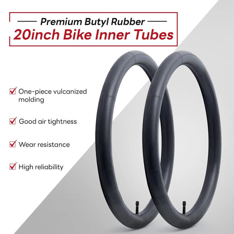 20x2.125 To 2.40 Bike Inner Tubes Two Pack With AV32mm Schrader Valve For 20 Inch City Road Mountain Cruiser Bikes, Reliable Replacement Tubes For All Terrain Cycling And Everyday Ride Ready, shown in a pair with reliability features listed.