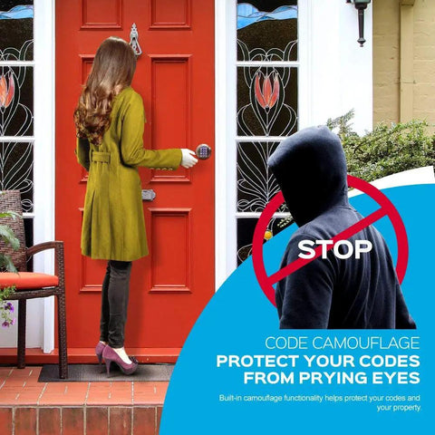 Woman using Keyless Smart Door Lock With Automatic Locking Battery Backup And Easy Install No Bluetooth on red door
