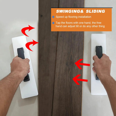 Hands using Heavy Duty Flooring Tapping Block For Laminate Vinyl Hardwood And Engineered Wood With Built In Handle No Hammer Needed