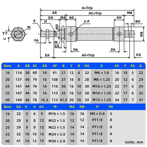 Technical diagram of Double Acting Pneumatic Air Cylinder 32mm Bore 50mm Stroke With One Eighth Inch Port And Y Connector