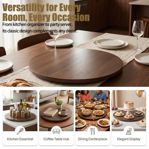 Top Tier 24 Inch Round Lazy Susan With Dead Smooth 360 Spin, Walnut Veneer Table Top Serving Tray set on dining table.