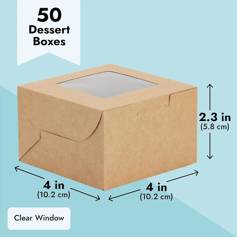 Heavy Duty Brown Cardboard Cookie Boxes With Clear Viewing Window Four By Four Inch Pastry Containers For Cupcakes Mini Pies And Sweet Treats Fifty Pack shown with dimensions.
