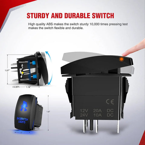 Close-up of 12V 5-pin rocker switch from LED Light Bar Wiring Harness Kit With Dual Output, showcasing sturdy design and Sasquatch Lights logo.