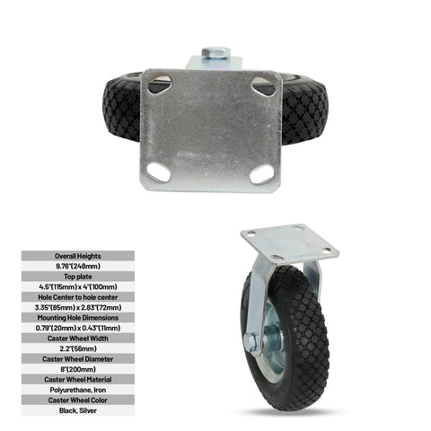 Rock Solid 8 Inch Flat Free Foam Filled Rubber Rigid Caster Packing 250 Pound Capacity And Double Ball Bearings showing top plate and tire.