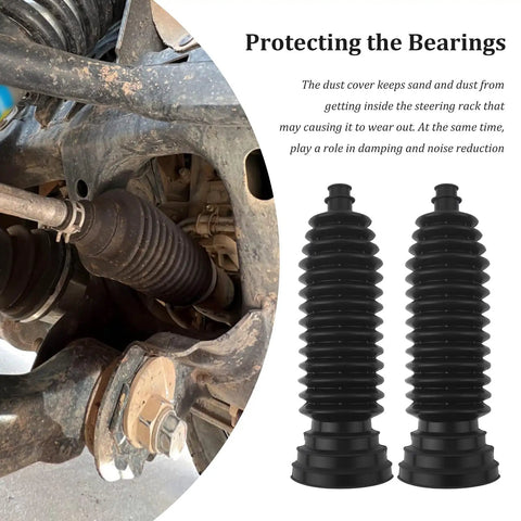 Truck Grade Two Piece Inner Tie Rod Boot Kit With Trimmable Sleeves And Cranking Clamps For Steering Rack, rubber, protects bearings from dirt.