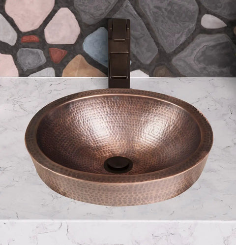 Hand Hammered 17-Inch Oval Skirted Drop-In Copper Bathroom Sink For Vanity Countertop Top Mount 18-Gauge Pure Copper Vanity Sink