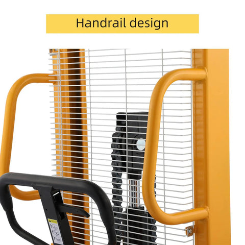 Close-up of handrail design on Industrial Grade 1100 Lb Hand Pallet Stacker With Adjustable Straddle Legs And A Sixty Three Inch Max Lift Height.