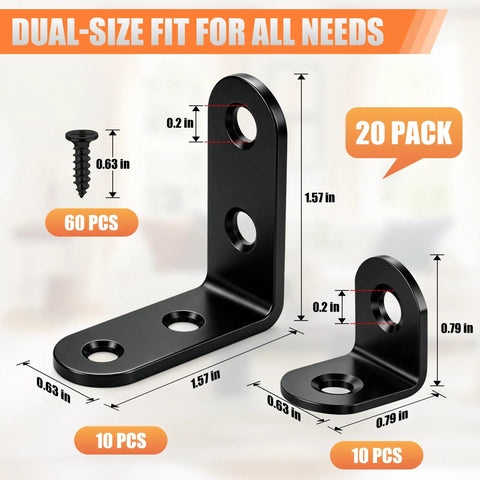 Heavy Duty L Brackets Corner Braces Kit, 20 Piece Stainless Steel Angle Supports With Matching Screws And Storage Tin, Built Tough Multi Size Hardware For Shelving, Fixer Upper Gigs, And Smooth Assembly image showing dual-size L brackets in black, dimensions labeled.