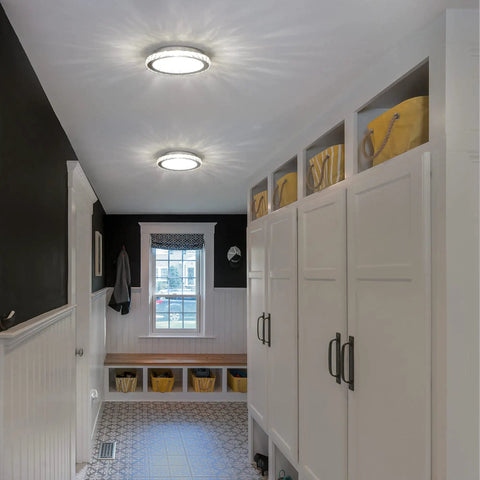 Mini Flush Mount LED Ceiling Light With Crystal K9 Glow That Is Lit, 10.24 Inch fixture in hallway with anti-glare lampshade.