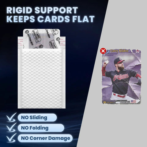 All In One Trading Card Shipping Kit with bubble mailer and damaged card illustration