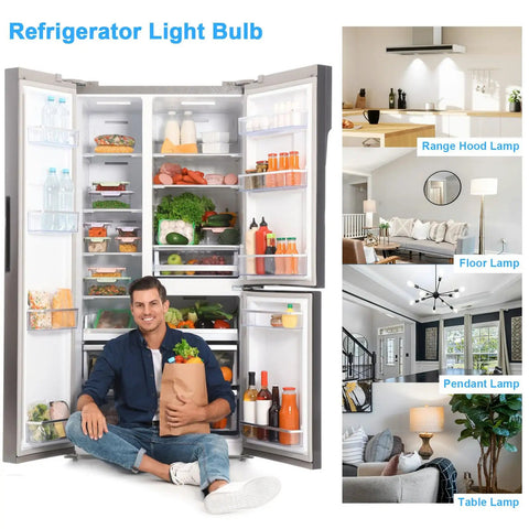 Open fridge with LED Refrigerator Light Bulb 4W Replacement For AC 100-265V, 580LM, 5000K Daylight White lighting interior.