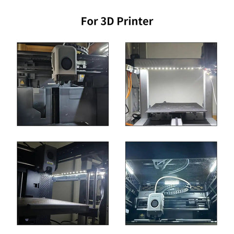 5V DIY LED Strip Light Kit for 3D Printer Projects installed in printer, showing bright cold white illumination on print bed and enclosure