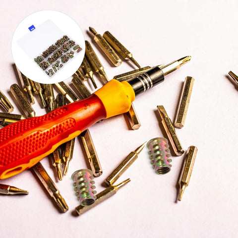Badass Zinc Alloy Threaded Insert Nuts With Hex Socket Screws And Included Driver For Zero Sweat Furniture Assembly On Cabinets Tables Sofas And Shelves 230 Piece Go To Hardware Kit with driver and screws.