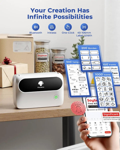 Inkless 4X6 Thermal Label Printer For Shipping Hella Crisp 203 Dpi Prints With Zero Mess Efficiently Loads Roll And Fanfold Paper Simple Setup That Kicks Things Into High Gear showcased on a desk with labels.