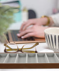Rustic Walnut Wood Seven Grid Sunglasses Storage Tray With Cozy Gray Velvet Padding To Keep Your Specs Fresh And Bring Some Dope Vibes To Your Daily Counter Setup with eyeglasses.