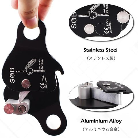 Climbing Ascender Self Locking Rope Grab Belay Device for Rock Climbing and Arborist Caving Rescue Lightweight Magnesium Alloy Gear Fits 8 to 13 mm Rope Handles Up To 220 lb Compact 3.5 Ounce Tool showing stainless steel and aluminum alloy parts.