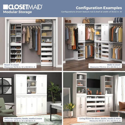 Super Slick Modular Closet Storage Organizer With Four Stackable Drawers In Taupe displayed in reach-in and walk-in closet configurations.