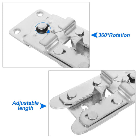 Rock Solid Sectional Couch Connectors Eight Piece Galvanized Iron Sofa Brackets with Seventy Two Rust Proof Screws for No Sweat Furniture Assembly and Heavy Duty Repairs showcasing adjustable length and 360° rotation.