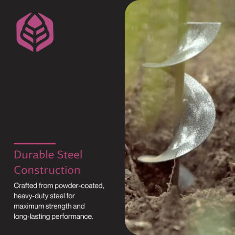 18 Inch Auger Drill Bit for Bulbs and Roots in soil, showing rust resistant powder coated steel construction, digging tool close-up