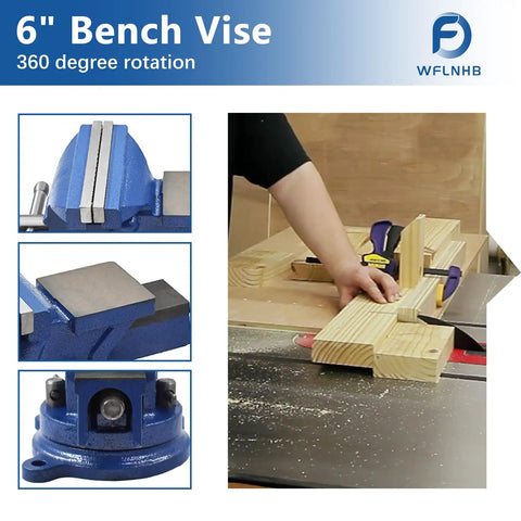 Heavy Duty 6 Inch Bench Vise With Table Top Clamp And 360 Degree Locking Swivel Base in use for woodworking project
