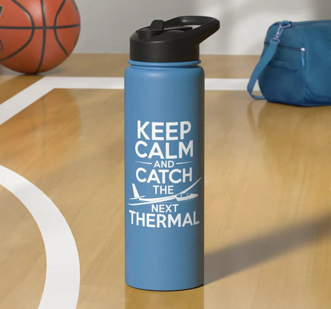 Hydration Gear Insulated Stainless Steel Water Bottle for Sailplane Pilots, light blue, on basketball court