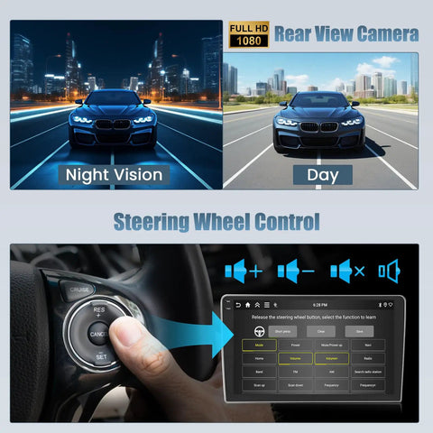 Premium 10.1 Inch Android 15 Car Radio Stereo Head Unit Kit features rear view camera night vision and day view with steering wheel control.