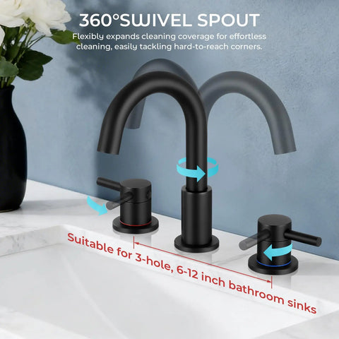 Black 8 Inch Widespread Bathroom Faucet For 3 Hole Sinks With Pop Up Drain shown with 360 swivel spout and two handles