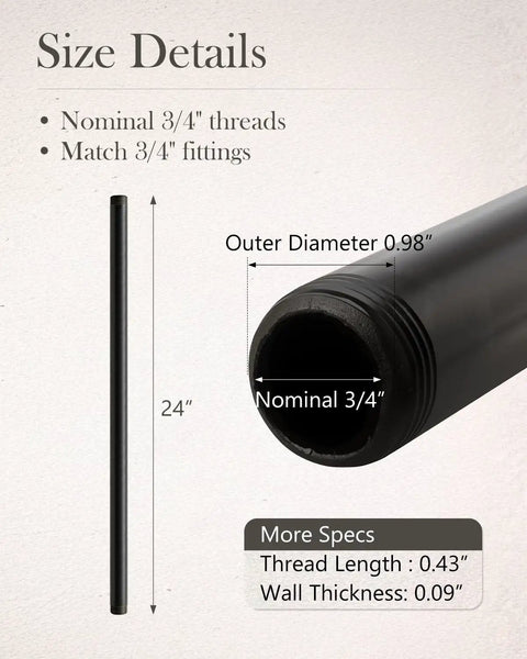 3/4 Inch Black Malleable Iron Pipe Nipples 24 Inch Long Dual Threaded Fittings For DIY Steampunk Industrial Vintage Style with dimensions