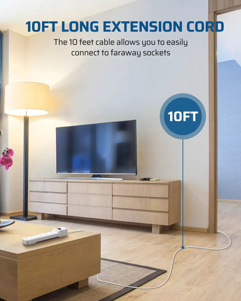 Six Outlet Surge Protector Power Strip With 10 Foot Extension Cord Flat Plug Low Profile Design in living room setup
