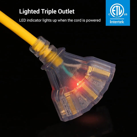 Close-up of lighted triple outlets from 45Ft Retractable Extension Cord Reel With Auto Retract, ETL listed, glowing indicator