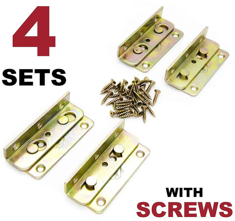 Heavy Duty Bed Rail Brackets Full Set Of 4, Rust Proof No Mortise Frame Connectors For Wood Beds, Universal Headboard Footboard Hardware Kit With Installation Screws Ready To Go. Set of 4 brackets with screws shown.
