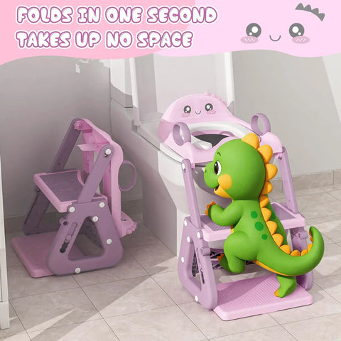 Rock Solid 2 In 1 Potty Training Seat With Quick Fold Step Stool For Toddlers And Kids Boys Girls in a bathroom with a dinosaur character.