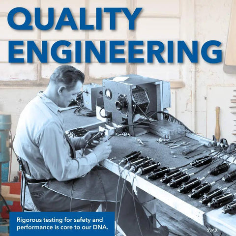 Man working at electronics bench with quality engineering text, rigorous testing for performance and safety in lab setting.