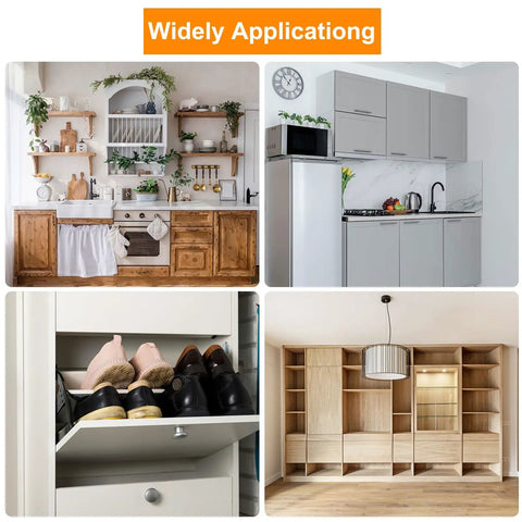 Collage of two different kitchen cabinets, a shoe organizer, and a wardrobe, showcasing versatile hinge applications.