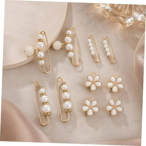 Eight Piece Pearl Waist Tightener Pin Set Elegant Alloy Dress Cincher Clips SECURE Loose Trousers And Gap Filling No Sew Pants Accessories