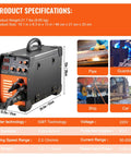 Do It All 270 Amp MIG TIG ARC Welder with 110 220V inverter, LCD display, product dimensions, welding examples, and specifications.