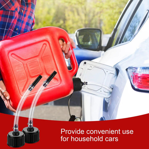 Person refilling car with 4 Piece Racing Fuel Jug Cap Kit With 2 Caps And 2 Hoses For 5 Gallon Gas Cans.