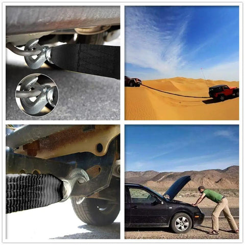 Super Durable Trailer Winch Strap With Safety Snap Hook 2 Inch x 20 Ft used for towing vehicles and equipment in diverse terrains.