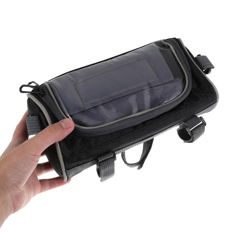 Ultimate Oxford Waterproof Bike Front Handlebar Bag For Cycling Adventures, 900D Cloth Organizer With Easy Mounting, Perfect Storage Solution For Mountain Biking And E-Bike Rides On Any Road Trip front view, black Oxford fabric