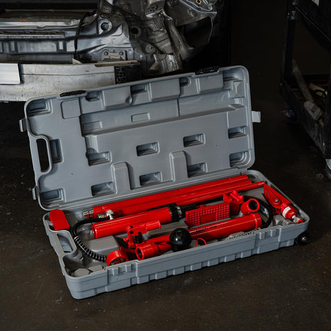 10 Ton Hydraulic Porta Power Jack Ram Badass Auto Body Frame Repair Tool in sturdy carry case, red steel hydraulic tools visible.